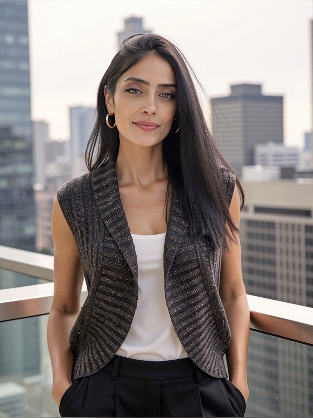 Metallic Ribbed Open-Front Sweater Vest - Brown